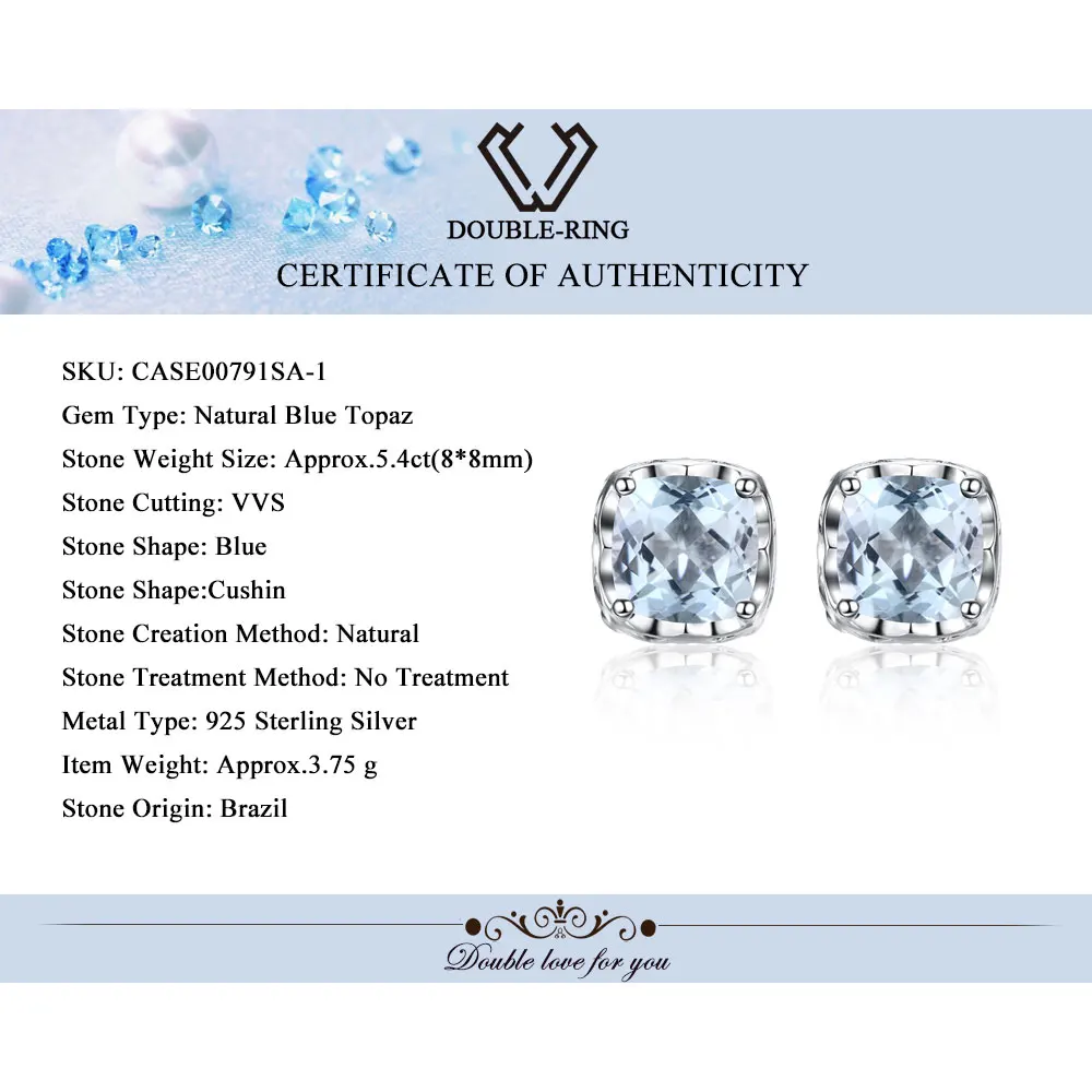 DOUBLE R натуральный голубой топаз 925 стерлинговое серебро серьги с топазом квадрат
