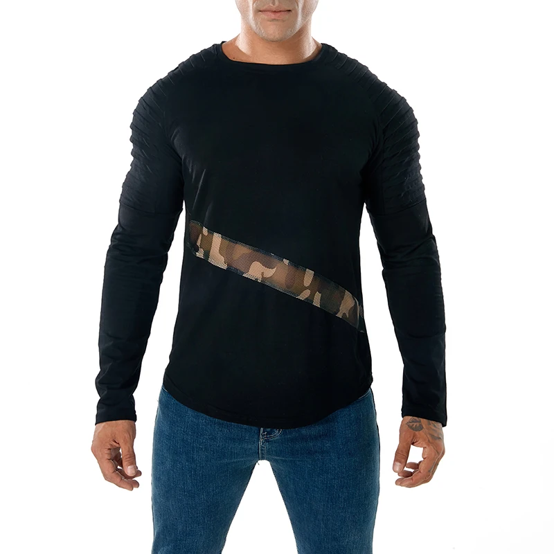 

2019 Autumn Full Sleeve Patchwork Casual Tshirt Men Slim Fit Cotton Tee Tops Male Gyms T-shirts Streetwear Men White T-shirt