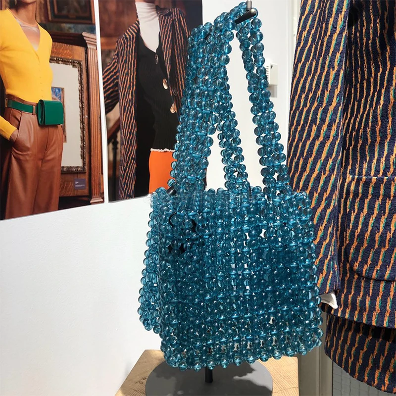 

Handmade Beaded Woven Handbag Solid Color European Style Pearl Bags Fashion Simple Shoulder Bag Large Capacity Women Bags 2019