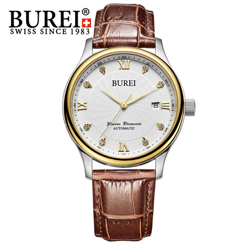 BUREI Automatic Men watch Sapphire Mirror Stainless Steel 5ATM waterproof Fashion Rhinestone Date Luxury Wristwatch Gift