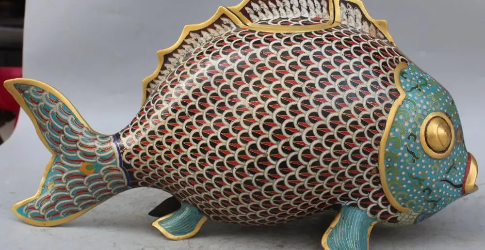 

18" Chinese Cloisonne Enamel 24K Gold Carved Fish Goldfish Pot Bowl Sculpture