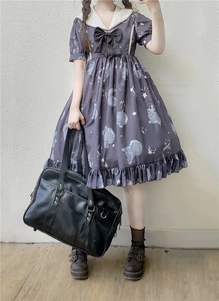 

Lolita Glass Jellyfish OP Summer Fresh Light Sweet Naval Collar Japanese Dress
