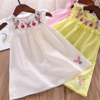 

Roimyal Wholesale 2019 summer 3 color 2-6 years girl cute neckline embroidered flowers leaves dress pure cotton sleeves