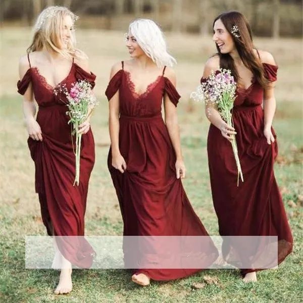 Burgundy 2019 Cheap Bridesmaid Dresses Under 50 A line V neck Off The