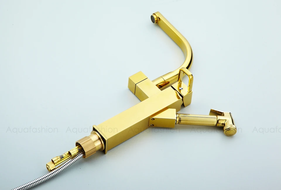 Luxury Gold Bathroom Faucets Pull Out Basin Mixer Double Spout Sink Tap Single Handle (12)