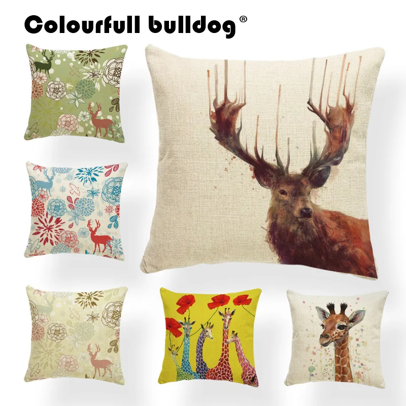 Us 2 99 Animal Deer Cushion Cover Brown Pillows Red Blue Yellow Garden Decor Home Flower Throw Pillow Peony Watercolor Large Linen Funny In