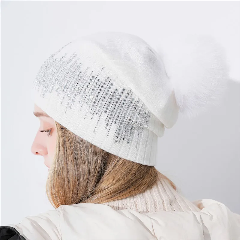 Xthree, сохраняющая тепло, женская зимняя шапка с лисьим помпоном, шапки бини, вязаная шапка из кашемира Gorro, шерстяная шапка, брендовая шапка - Цвет: Белый
