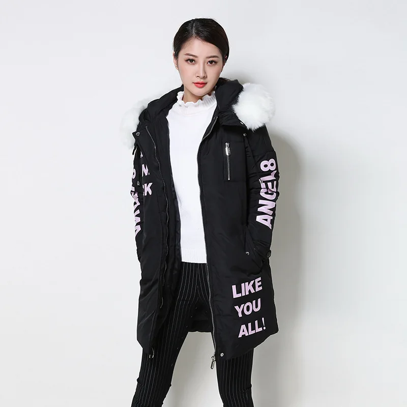 Winter Europe and the United States new Long section Big collar Letter printing Large size Down