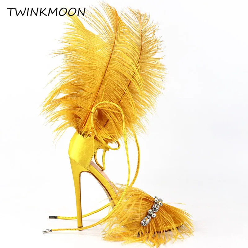 2019 Runway Crystal Tassels Feather Decoration Women Sandals Open Toe