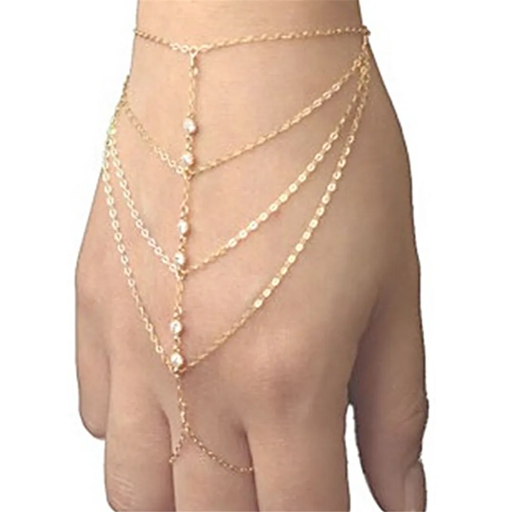 Women's Multilayer Tassel Slave Finger Ring Harness Hand Chain Bracelet Bangle 