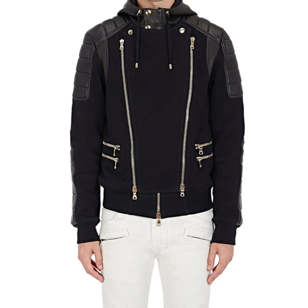 

New Arrivals 2019 Autumn Brand Fashion Mens Double Zipper Cardigan Hoodies Casual Coat Wear Fit Cotton Mens PU Splicing Coat