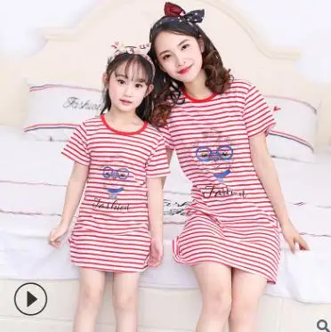 Летняя Детская мультяшная Пижама, одежда для сна для девочек, хлопковое платье с короткими рукавами для родителей и детей, ночная рубашка для мальчиков и девочек - Цвет: 3