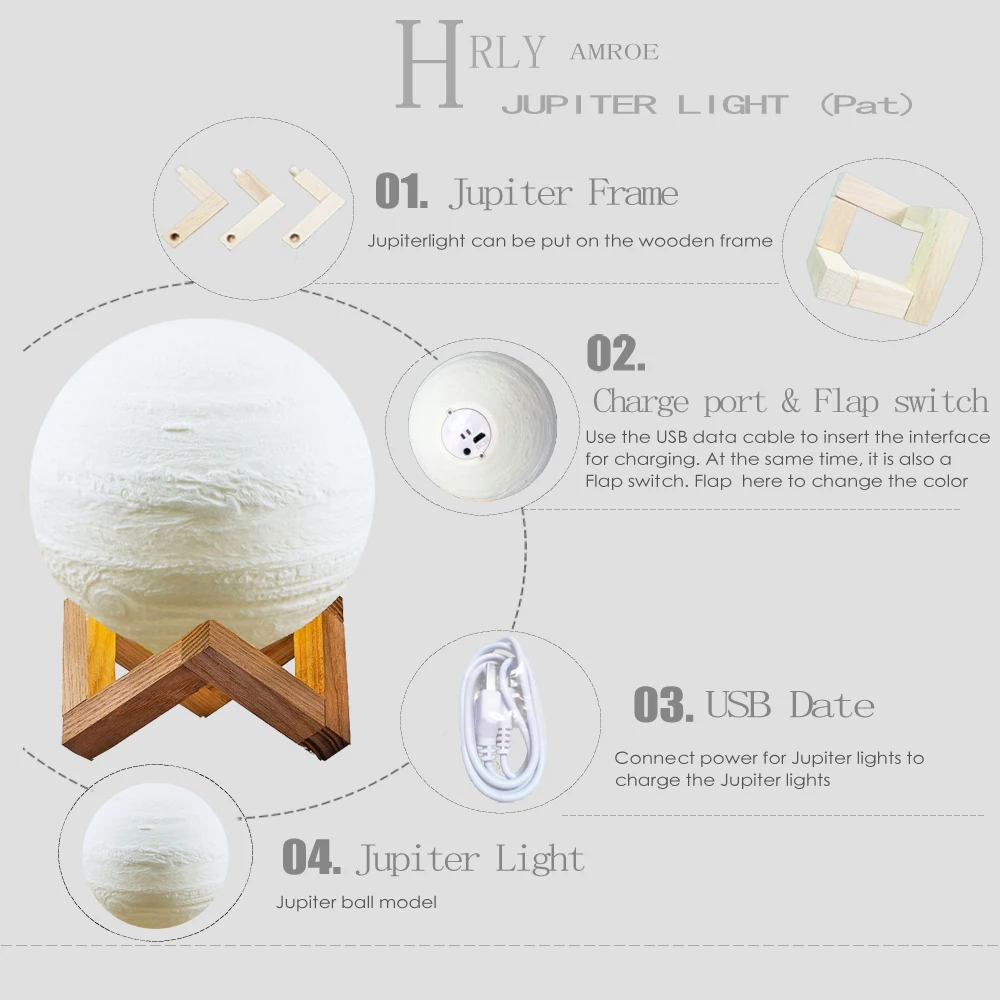Ночной светильник Jupiter с 3D принтом USB светодиодный креативный светильник перезаряжаемый Сенсорный пульт Многоцветный Рождественский подарок теплый домашний декор