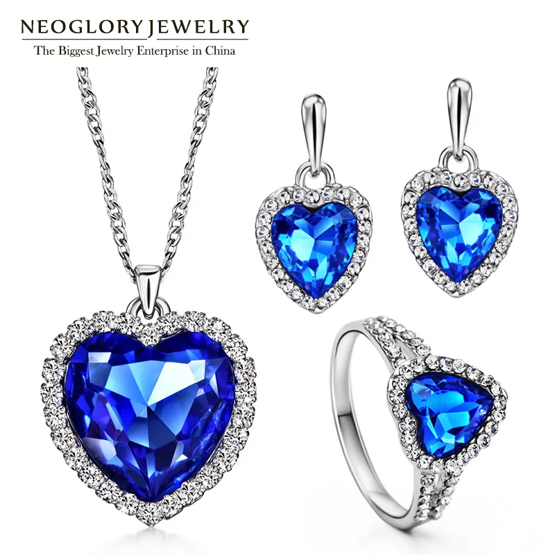 Neoglory Blue Heart Crystal Wedding Jewelry Sets for Women Bridal