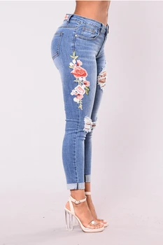 

Hot 2017 Fashion Stretch Embroidered Jeans Stretch Flower Jeans Women Pencil Jeans Print Pattern Pantalon Femme