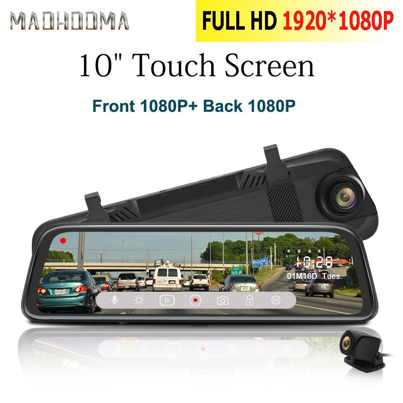 MHM 10 ''ips сенсорный экран 1080 P Автомобильный видеорегистратор с двойным объективом DashCam монитор парковки зеркало заднего вида камера регистрация вождения рекордер