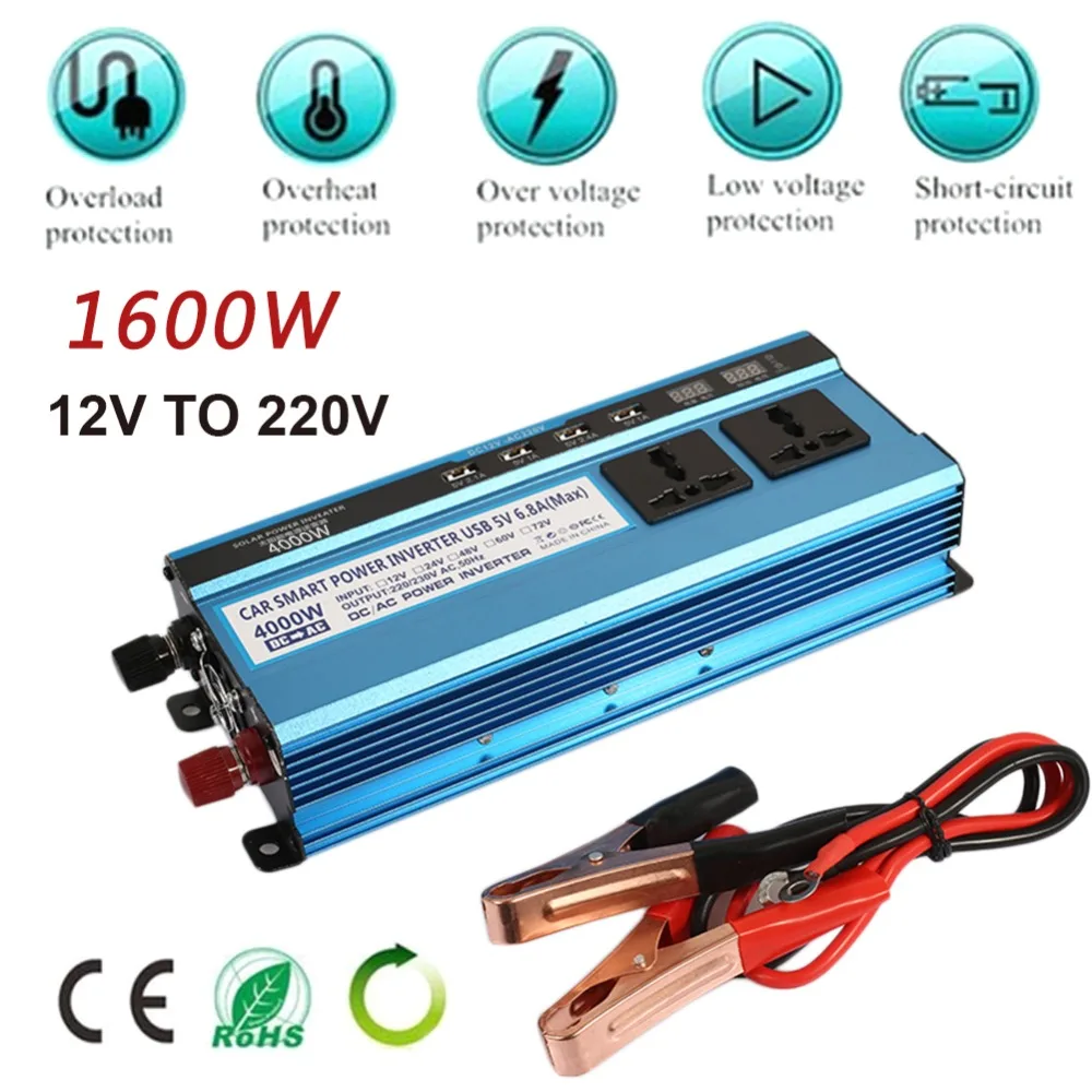 1600W Peak 4USB Car Solar Power Inverter DC12V To AC220V High Performance Outdoor Converter