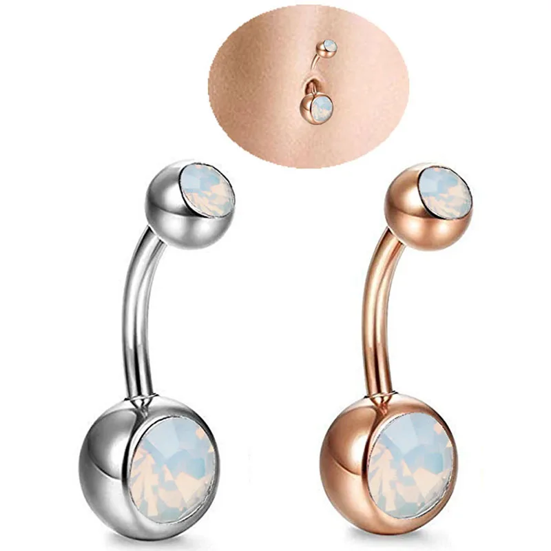 

White Fire Opal Navel Rings Belly Button Bar Ring Dangle Body Piercing Jewelry for Women