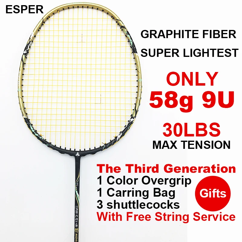 ESPER raqueta de bádminton 58G Super luz 9U raqueta de grafito de carbono FIBRA DE profesional ofensiva de alta tensión con cuerda y regalo ESPER raqueta de bádminton 58G Super luz 9U raqueta de grafito de carbono FIBRA DE profesional ofensiva de alta tensión con cuerda y regalo