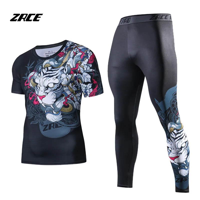 

ZRCE Compression Tracksuits Chinese Style Skinny Men Cosplay Custume Funny T Shirt Fashion Short sleeves Suits Tracksuit Men