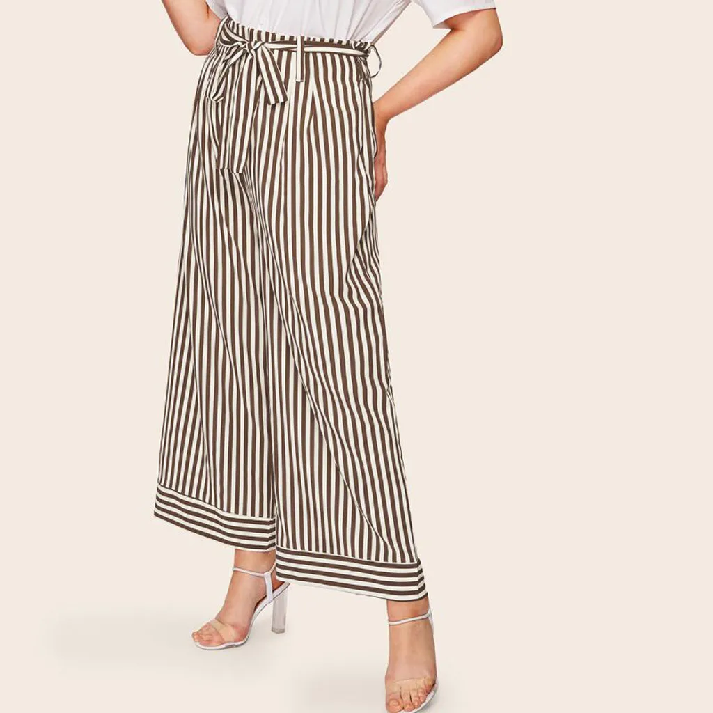

2019 Top Fashion Summer Wide Leg Pants Women High Striped Loose High Waist Strip Trousers Plus Size Ninth Blouse Long Pants 5.6