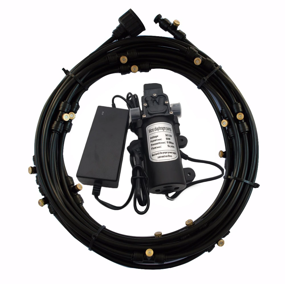

C186 Tubing 40ft length with 16pcs fine fog misting nozzles, filter and 12V DC water pump for garden misting irrigation system