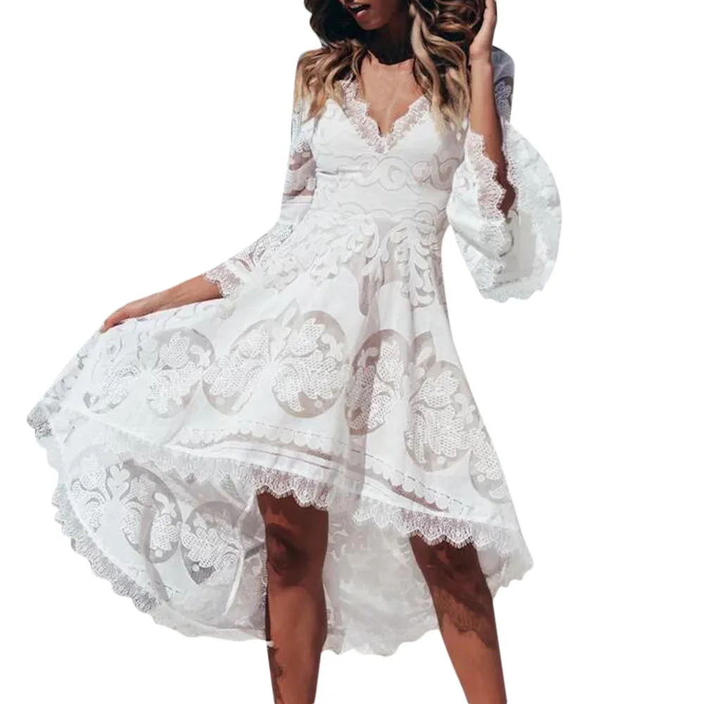

Solid White Dress 3/4 Flare Sleeve Sexy Dress V Neck Party Dress Elegant Knee Length A Line Autumn Dresses Vestidos 40OR30