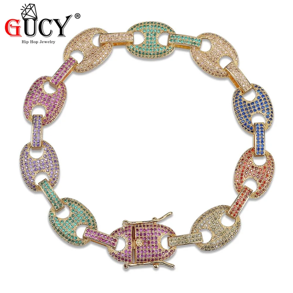 GUCY Hip Hop Bracelet Micro Pave Multicolor CZ Stones All Iced Out Gold/Silver Color Plated Rainbow Link Chain Bracelet for Men