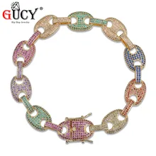 GUCY Hip Hop Bracelet Micro Pave Multicolor CZ Stones All Iced Out Gold/Silver Color Plated Rainbow Link Chain Bracelet for Men
