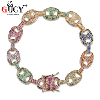 

GUCY Hip Hop Bracelet Micro Pave Multicolor CZ Stones All Iced Out Gold/Silver Color Plated Rainbow Link Chain Bracelet for Men
