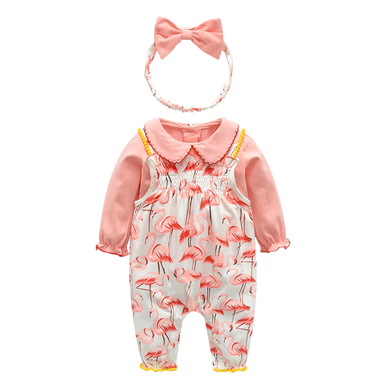 

Infant Girl Clothing Set Newborn Outfits Cotton Baby Girls 3Pcs Long Sleeve Pink Tops Flamingo Overalls Headband Clothes Suit