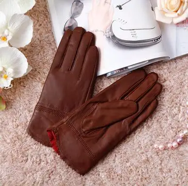 Женские осенне-зимние Утепленные сенсорные перчатки из натуральной кожи, женские перчатки средней длины из натуральной кожи R1220 - Цвет: brown thicken