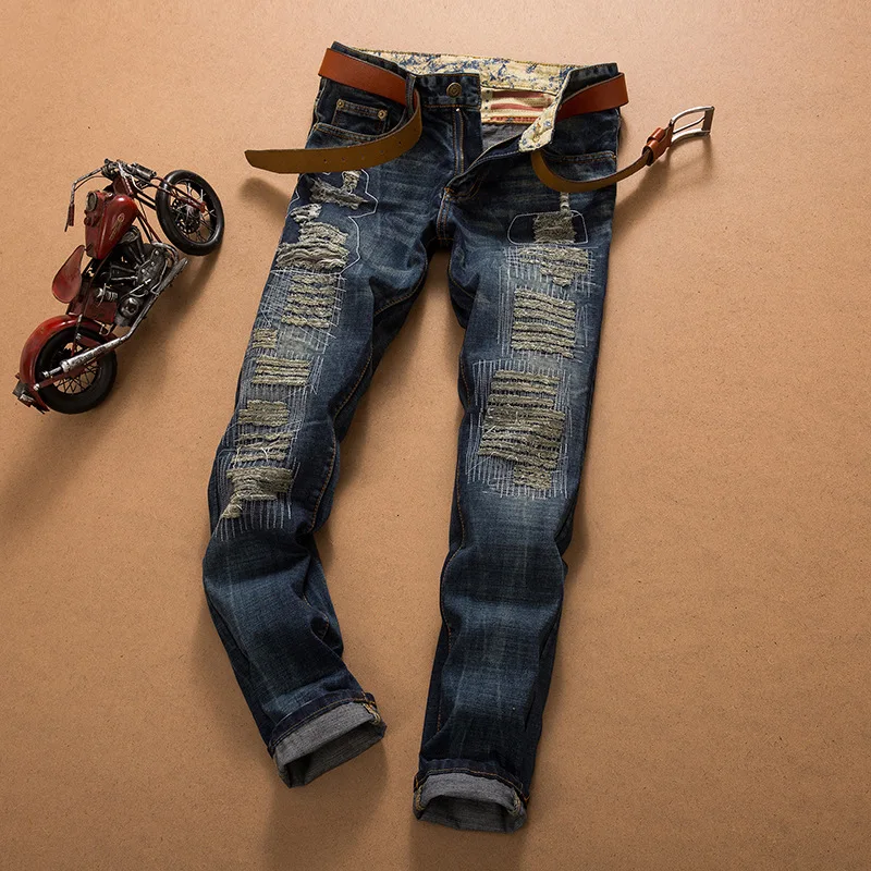2016 New Arrival Thunderstar Mens Jeans Zipper Straight Full Length Solid Scratched Ripped Pleated Denim Pants
