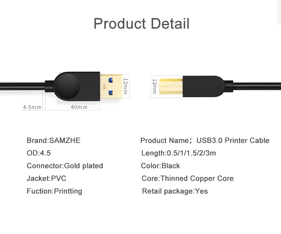 SAMZHE USB кабель USB для принтера 3,0 кабель для печати типа A папа-B папа для Canon Epson hp принтер к компьютеру 0,5 м 1 м 1,5 м 2 м 3 м