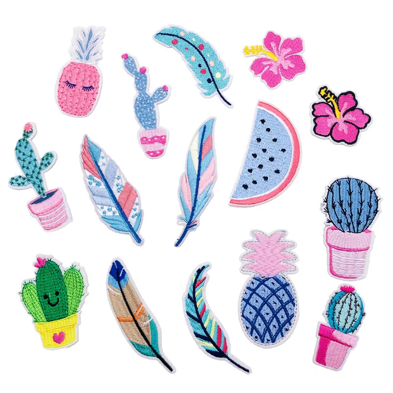 

1pc New Arrival Cactus Feather Fruit Embroidery Sticker Iron-on Shoes Jacket Children Clothing Embroidered Patches Sequin Fabric