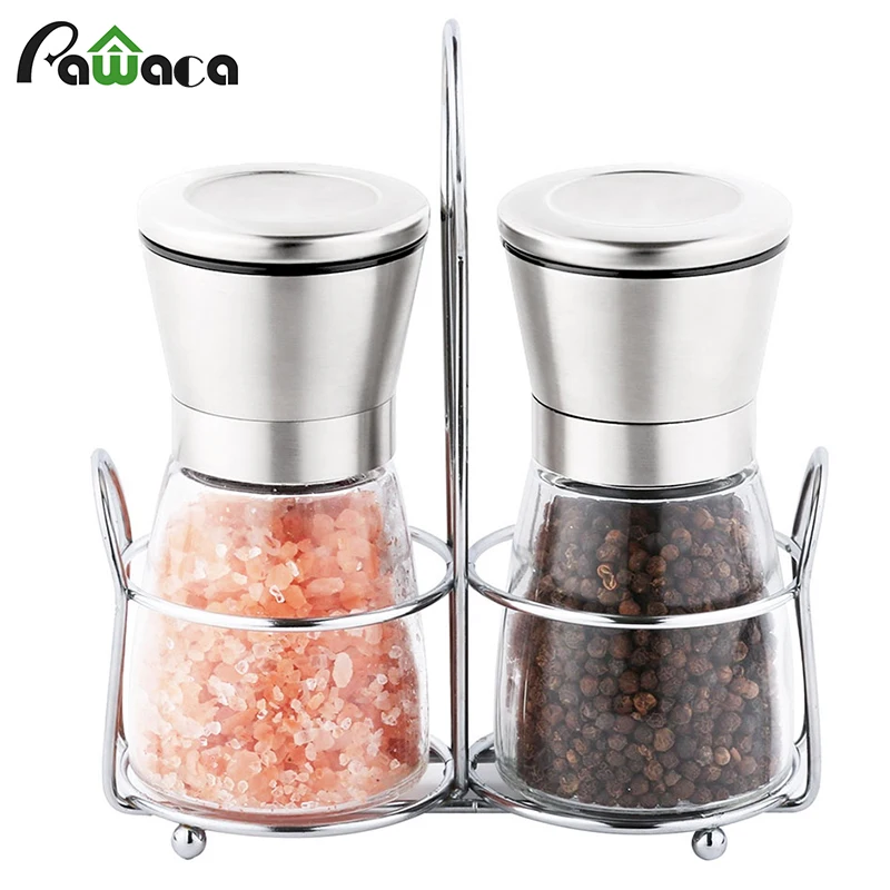 Premium Stainless Steel Pepper Grinders with Holder Glass 95 Ceramic