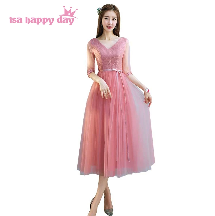 

ladies blush short lace women bride tea length party prom dress 2019 new arrival formal dresses modest ball gowns H4168