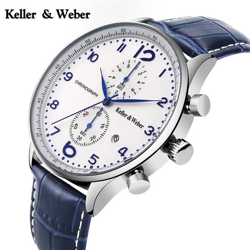 

Keller & Weber Chronograph Watch 30ATM Water Resistant Business Genuine Leather Band Date Display Wrist Watch
