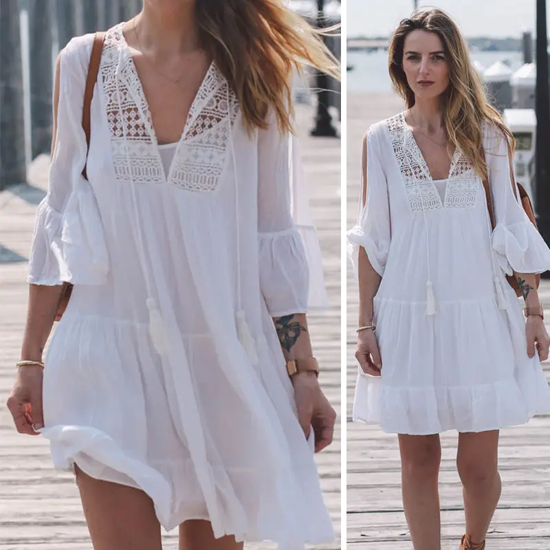 

Hot sale 2017 summer chiffon beach dress casual new slim lace splice sexy dresses women lantern sleeve white women's clothing