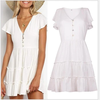 

2019 Women's Summer Dress Elegant Sexy V -cut Short Stitch Button Sewing Work Clothes Women's Dress A -line Vestidos R113