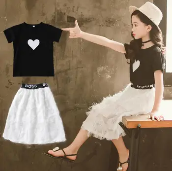 

2019 Korean style girls 2 pcs set t-shirt+tassel skirt fashion summer cotton girls suit 4-9t B634