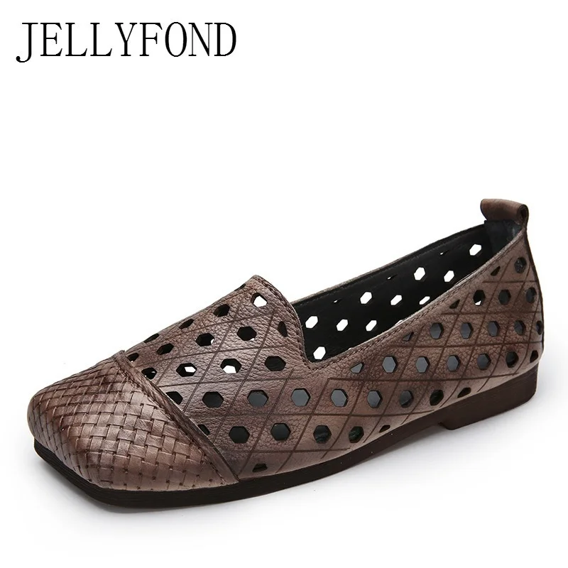 

Nature Cow Leather Hollow Out Women Flats Handmade Genuine Leather Ladies Loafers 2018 Designer Square Toe Casual Shoes Woman