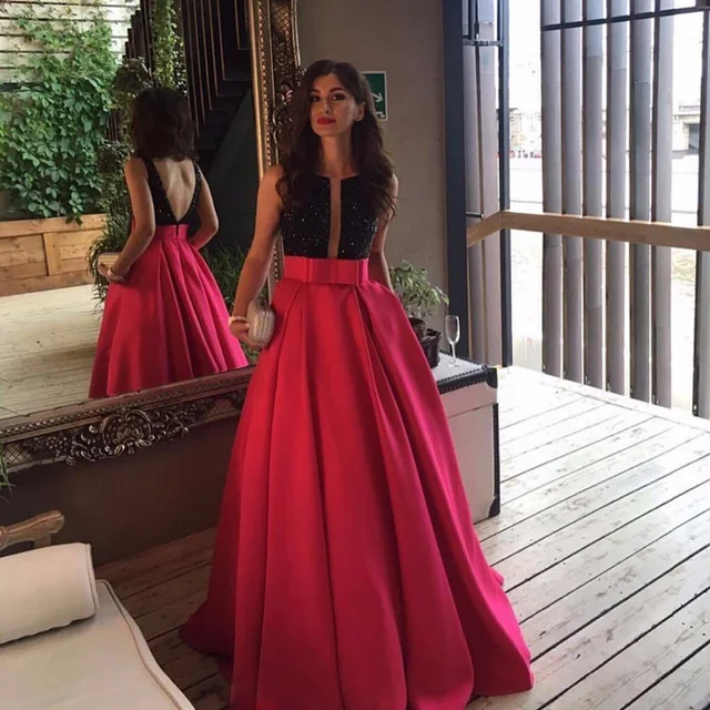 Y Noche Sequined Rojo Vestido De Árabe Negro Rebordeado Backless 7dw1O