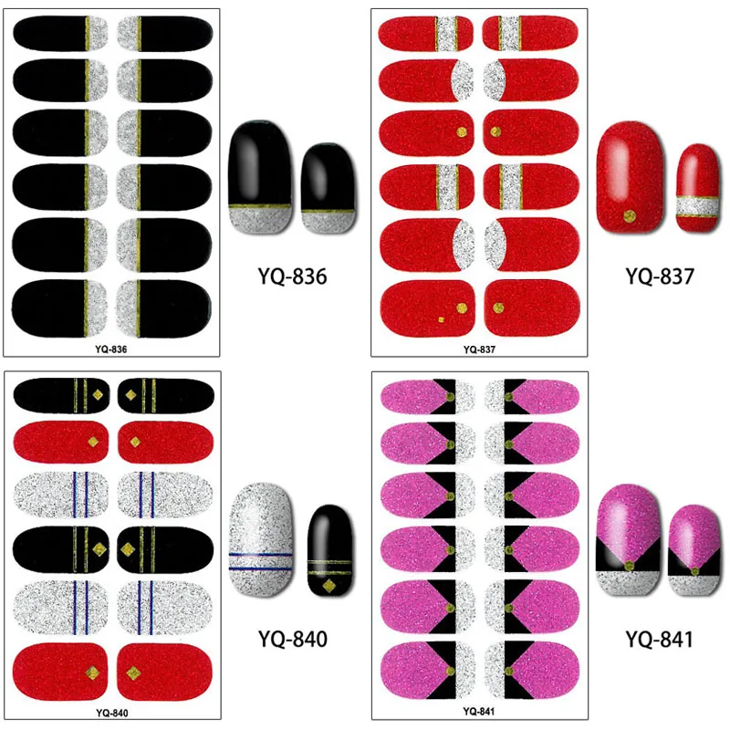 Блестящие наклейки для ногтей YQ с серебряным блеском, 28 дизайнов, 1 шт., полное покрытие, украшение для дизайна ногтей для женщин, инструмент для маникюра, наклейка для красоты