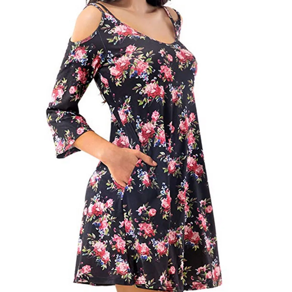 

2018 Fashion Summer Dress Female Fashion Women Three Quarter Sleeve O-Neck Off Shoulder Sling Mini Dress Robe Vestidos