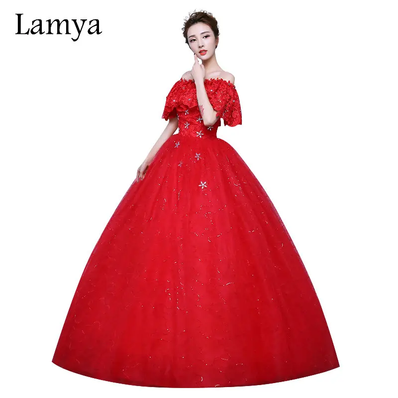 

Red Wedding Dress Lace Up Back Off Shoulder Princess Bridal Gown High Quality Floor Length Vintage Ball Gown Plus Size