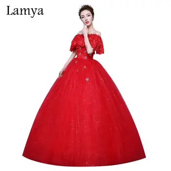 

Red Wedding Dress Lamya Lace Up Back Off Shoulder Princess Bridal Gown High Quality Floor Length Vintage Ball Gown Plus Size