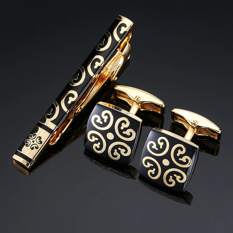 Men's Jewelry Cufflinks Tie Clip Set Tie Bar Golden Flower Metal Necktie Tie Bar Clasp Tie Clips