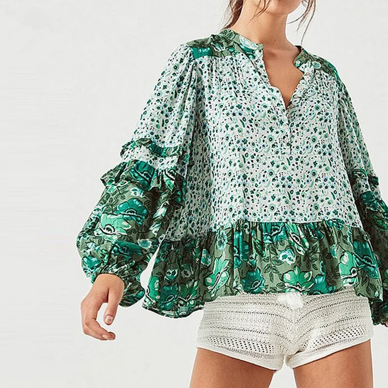

Summer Women Vintage Floral Print Chiffon Blouse Green Lantern Sleeve Button Shirts Loose O-Neck Boho Ruffle Tops