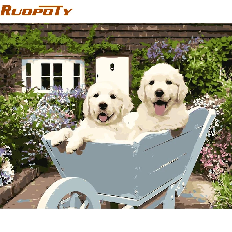 

RUOPOTY Frame Lovely Dogs DIY Painting By Numbers Animals Acrylic Paint On Canvas Kits Coloring By Numbers For Home Decors